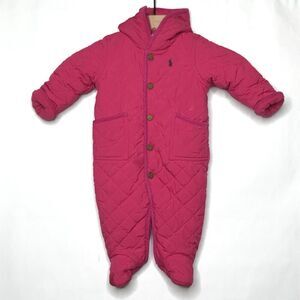 RALPH LAUREN Baby Girls Pink Fleece Lined Barn Quilted Bunting Snowsuit Size 6M